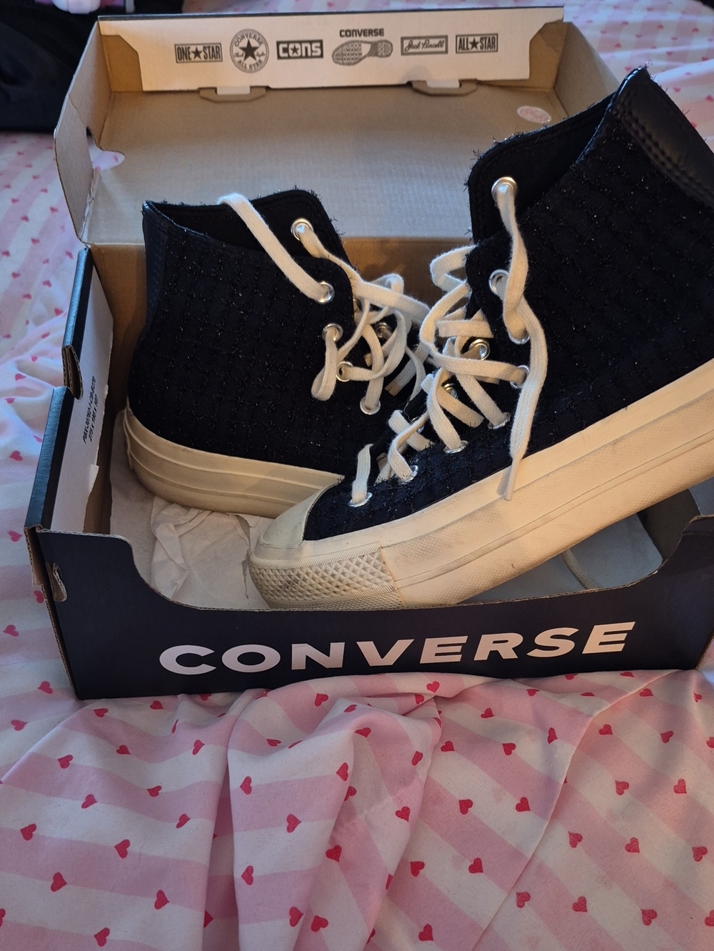 Converse Black High-Top Platform Sneakers with White Laces And Shimmer